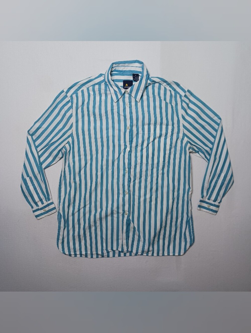 Vintage Lizsport Womens Button Up Long Sleeve Shirt Medium Stripes Blue White
